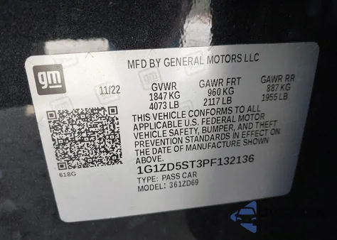 2023 Chevrolet Malibu Fwd 1Lt z USA, uszkodzony, nr VIN 1G1ZD5ST3PF132136